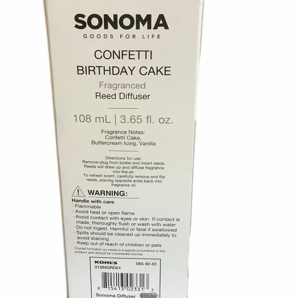Sonoma confetti birthday cake fragranced reed diffuser 3.65 oz +10 reeds